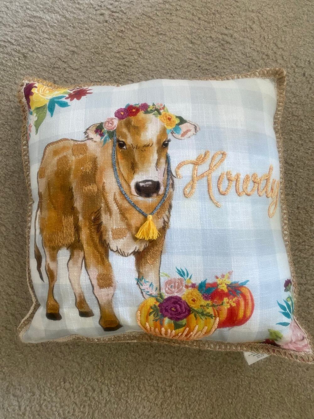 The Pioneer Woman "Howdy" Cow Throw Pillow 18x18 Farmhouse Floral Embroidered